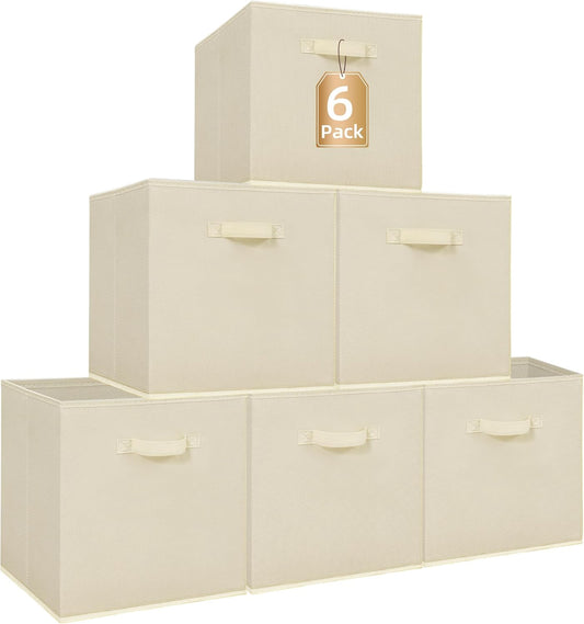 Storage Maniac Collapsible Storage Cubes - 13 Inch Fabric Bins with Handles | 6-Pack Beige for Organized Spaces