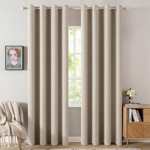 MIULEE 100% Blackout Linen Textured Curtains - Thermal Insulated Taupe Grommet Drapes | 52 x 96 Inch (2 Panels)