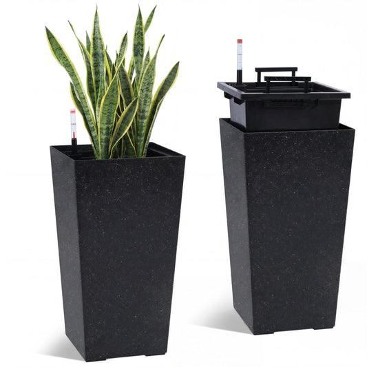 Liyaxenug Tall Planters Set of 2, 22.5 Inch Self-Watering Outdoor Indoor Plant Pot with Water Level Monitor & Drainage Holes, Large Modern Flower Pot with Inner Bucket, Trays & Wheels – Black