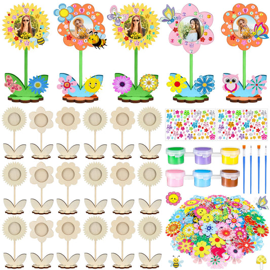 24 Sets Mother's Day Crafts Bulk Spring DIY Flower Picture Frame Kit Unfinished Solid Wood Flower Picture Frames Craft with Gems Sticker Paint Brush for DIY Birthday Party Gift(Assorted Styles)