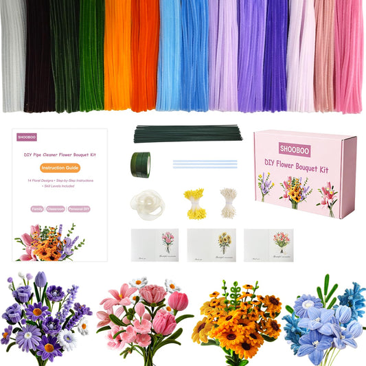 ShooBoo Pipe Cleaner Flower Kit, 700 PCS Pipe Cleaners Craft with 14 Flower Designs Step-by-Step Instruction Guide, 14 Colors Chenille Stems Flower Making Kit with Floral Stems,DIY Craft Supplies