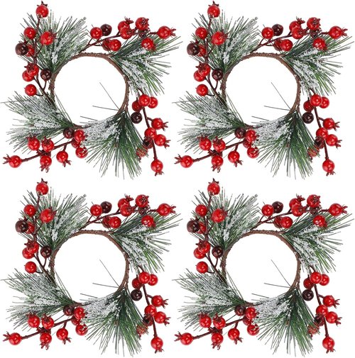 Christmas Candle Rings | Festive Wreath Garland for 3" Dia Pillar Candles with Red Berries