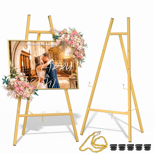 Gold Metal Easel Stand for Sign,Heavy Duty Art Easel with Adjustable Chain,Tripod Structure,4-Level Height—Easels for Wedding Welcome Sign Holder,Baby Shower Poster,Birthday Party,Posters