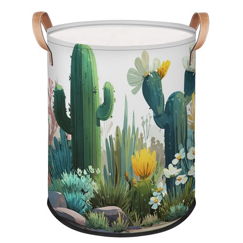 FZDXZJJ Large Round Laundry Storage Basket - Cactus Bin with Handles, Collapsible box for Home, Office, Toy Organizer, Bedroom, Living Room, Home Decor (Cactus)