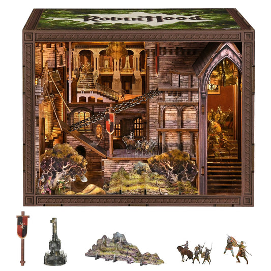 MiniCity DIY Book Nook Kit - Easy DIY Wooden Miniature Kit with LED Lights, Tools & Dustcover for 15+ (Robin Hood)