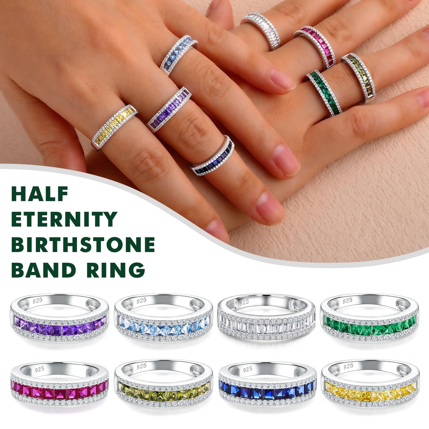 RANDES 925 Sterling Silver Peridot Ring Half Eternity Band Rings for Women Channel Set Princess Cut August Birthstone Ring Size 9