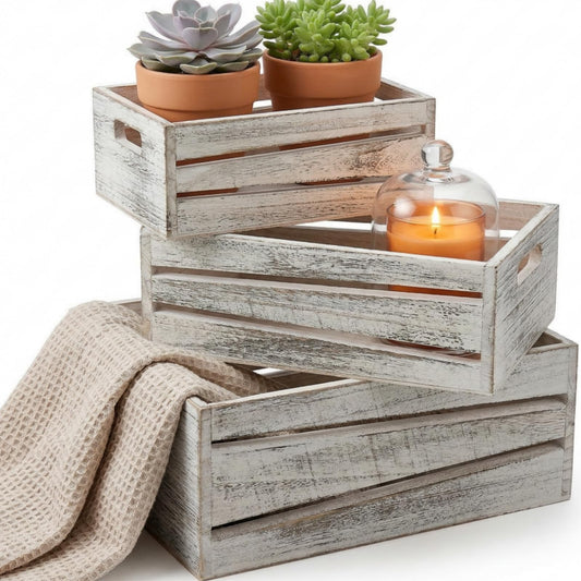 AVLA 3 Pack Wooden Storage Crates, Rustic Nesting Container Bin with Handles, Decorative Farmhouse Wood Basket, Vintage Wood Box Display Risers for Home, Kitchen Pantry Cabinet, Shelf, Counter