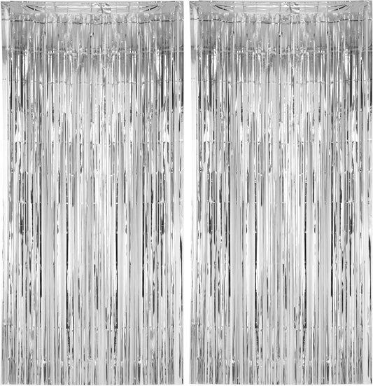 Voircoloria Silver Foil Fringe Backdrop Curtains - 2 Pack Tinsel Streamers for Parties & Celebrations