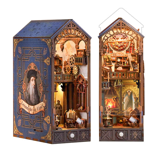 Tonecheer DIY Book Nook Kit for Adults, 3D Puzzle Wooden Miniature House Kit, Booknook Dollhouse Bookshelf Insert Decor Bookend with Dust Cover and LED Lights Gifts (Leonardo da Vinci)