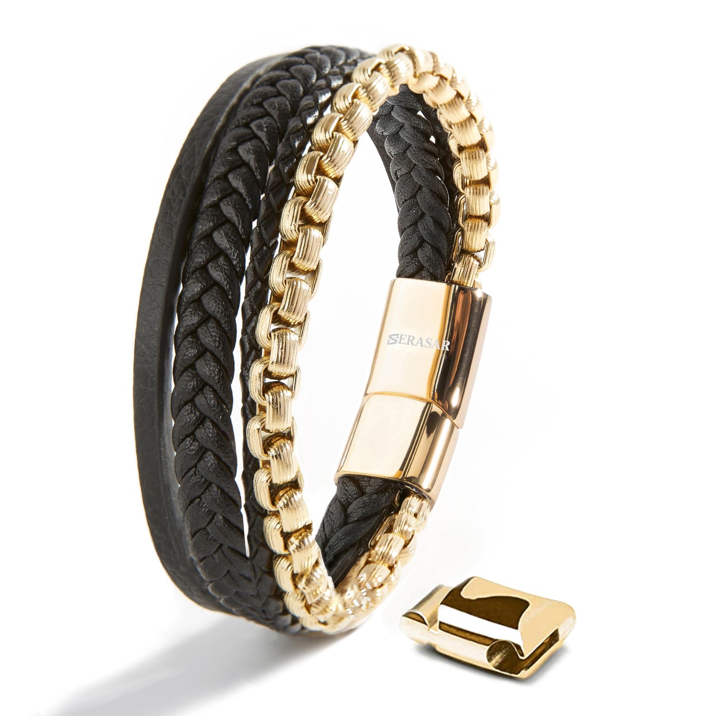 SERASAR Men's Bracelets 20cm Gold Gift Box Genuine Cowhide Leather Braided Adjustable Magnetic Clasp Multilayer Jewelry Rope Male Band Accessories