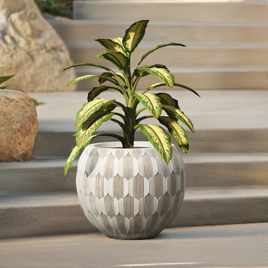 LuxenHome 14" Dia Round Concrete Planter, Indoor Outdoor Large Plant Pot with Drainage Hole and Rubber Plug, Flower Pot for Plants, Modern Geometric Weathered Planter Pot for Home Patio Garden