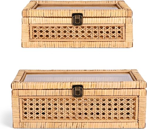 HUAXIN CRAFT H Rattan Decorative Box Set - Rectangular Woven Design with Glass Lid for Stylish Display