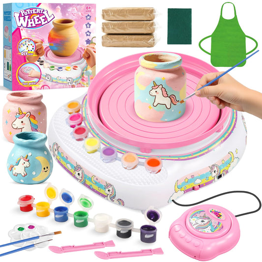 Pottery Wheel for Kids Complete DIY Pottery Painting Kit, Arts and Crafts for Kids Ages 8-12 with 3 Air-Dry Clay Packs and Tools, Unicorn Art Supplies Toys Birthday Gift for Boys Girls 6+ Years Old