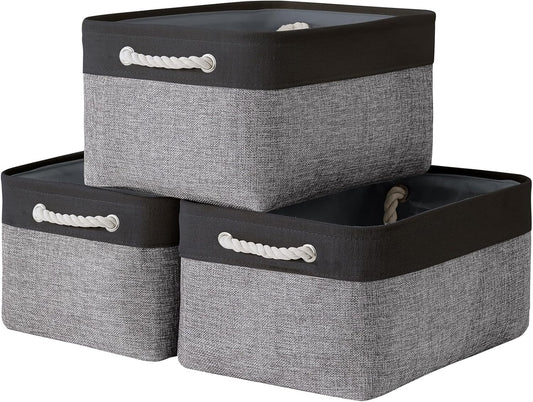 TheWarmHome Collapsible Storage Bins - Large 3-Pack Fabric Organizers with Rope | 16x12x8 Inch (Black & Grey)