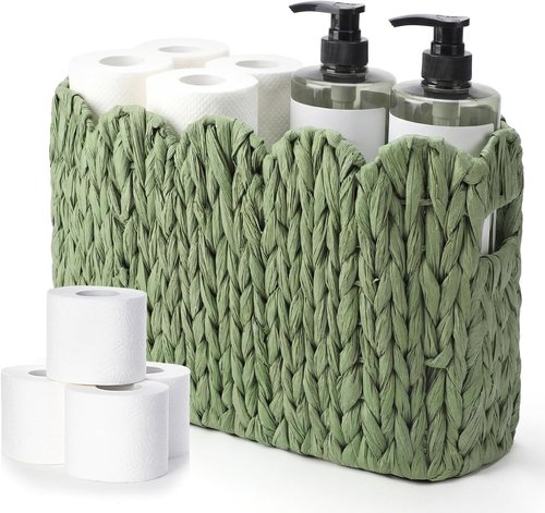 Kathfly Toilet Paper Storage Basket - Sage Green Scalloped Wicker Holder for Up to 6 Mega Rolls | Versatile Organizer for Home & Office