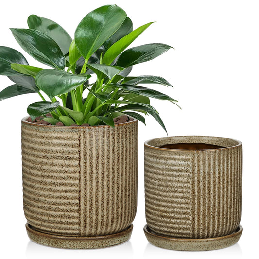 Oairse Ceramic Pots for Indoor Plants, 6.1 +4.9 inch Pots for Plants Set of 2 Brown Plant Pots with Drainage Holes and Saucers Texture Ceramic Planters Indoor Outdoor Flower Pot for Succulent
