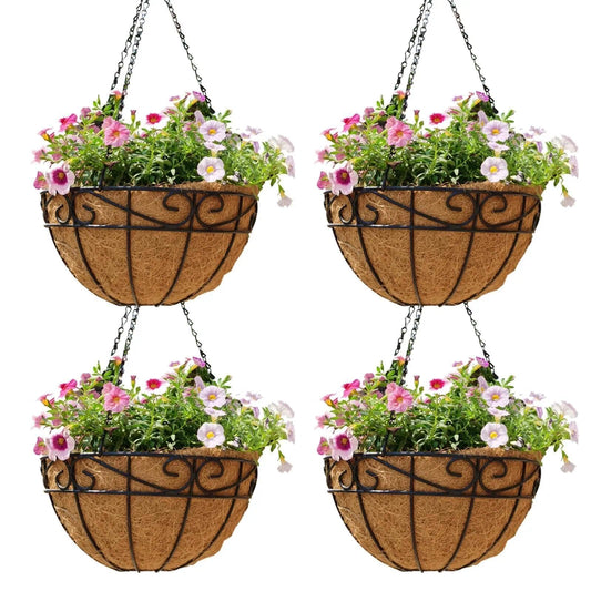 Qusuxi 4 Pack 10 Inch Hanging Baskets for Plants Outdoor Metal Hanging Planter Hanging Flower Baskets with Coco Fiber Liners Chain Round Wire Plant Holder Hangings Flower Pots(Plaid)