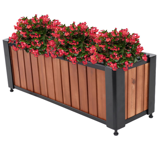 Sunnydaze Slatted Rectangular Wood Planter Box with Powder-Coated Steel Frame - 24" Acacia Wood Planter with Removable Liner - 3.7 Gal Capacity
