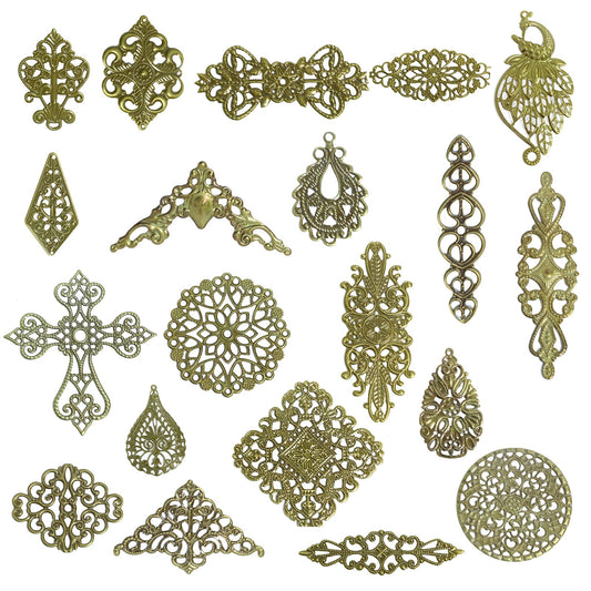 120pcs Filigree Metal Embellishments Metal Charms 20 Styles Antique Bronze Charms for Jewelry Making, Steampunk Art, Hairpins, Headwear, and DIY Crafts (6pcs each)