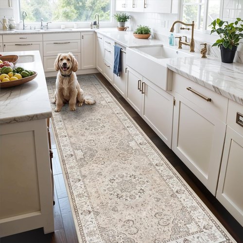 Hallway Washable Runner Rug - Vintage Soft Non-Slip Indoor Carpet for Kitchen & Entryway | 3x10 Beige