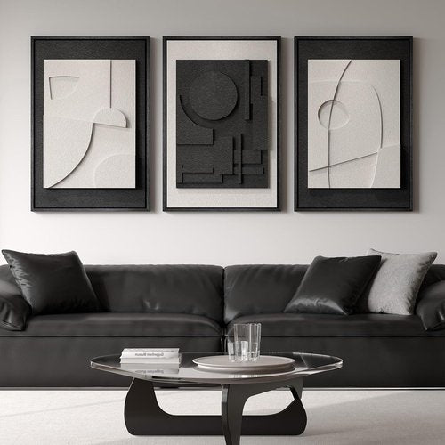 3-Piece Black & White Abstract Wall Art by [Brand Name] - Modern 3D Textured Geometric Paintings for Living Room & Hallway Decor