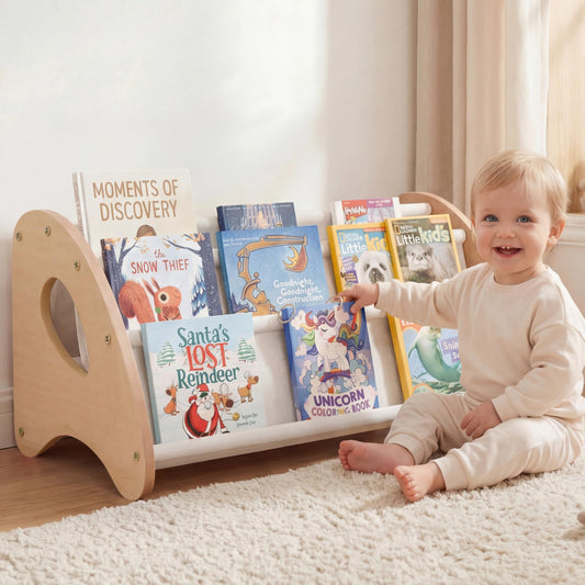 yoopin Kids Bookshelf, 4-Tier Montessori Book Shelf for Kids Rooms, Easy Installation, Eco-Friendly Wooden Storage Organizer,28.7” x 15.7” x 13.6” Natural/White