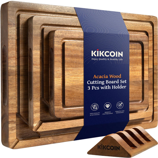 Kikcoin Wood Cutting Boards for Kitchen, 3 PCS Wooden Cutting Board Set with Holder, Chopping Board with Built-In Compartments and Juice Groove, Solid Charcuterie Board Serving Tray Wood Butcher Block