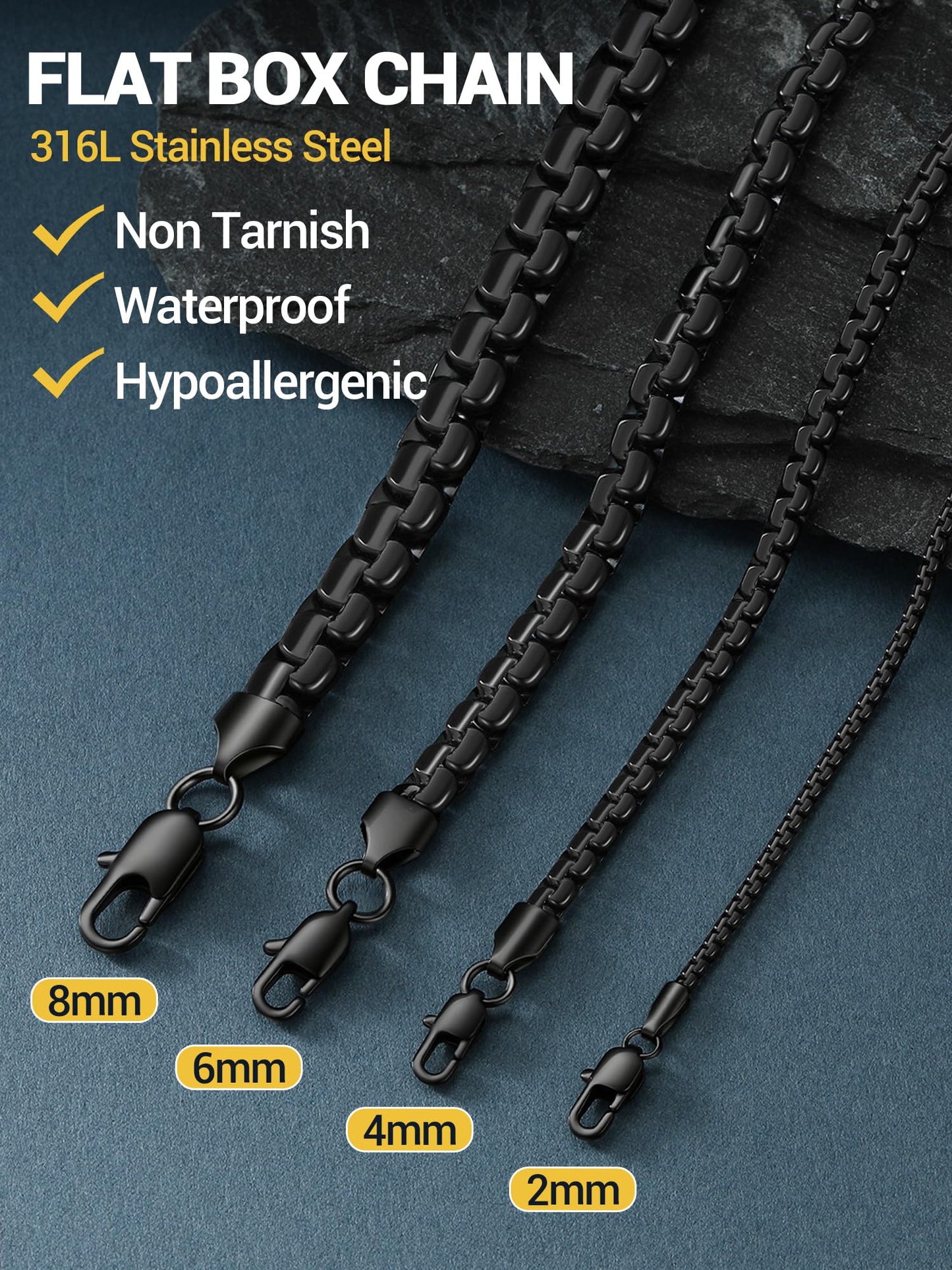 PROSTEEL Black Chain Necklace 2mm Black Necklace Chain No Tarnish & Durable Mens Jewelry 22inch