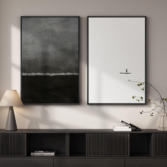 Skiennix Framed Black and White Abstract Wall Art - Large Set of 2 Minimalist Canvas Prints | 24x36 In Seascape Decor for Living Room, Bedroom, Office