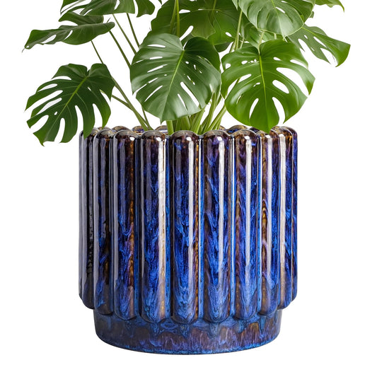 Ceramicfor Ceramic Planter - 9.6 Inch Ceramic Plant Pots Indoor Outdoor, Round Flower Pots with Drainage Hole, Large Fluted Modern Planter, Room Home Bedroom Decor, Plant Lover Gifts, Blue