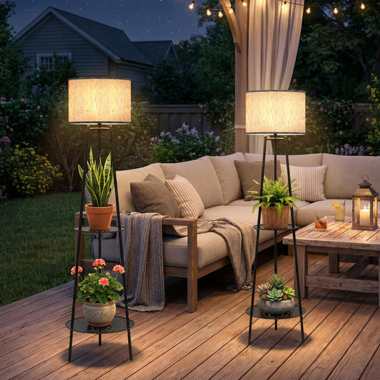 MXwcy 2Pack Solar Outdoor Floor Lamps with Plant Shelves, Waterproof Solar Standing Lamps for Patio Porch Garden Yard, Auto On/Off Warm LED Outdoor Floor Lights, Cordless 2-Tier Plant Stand Decor