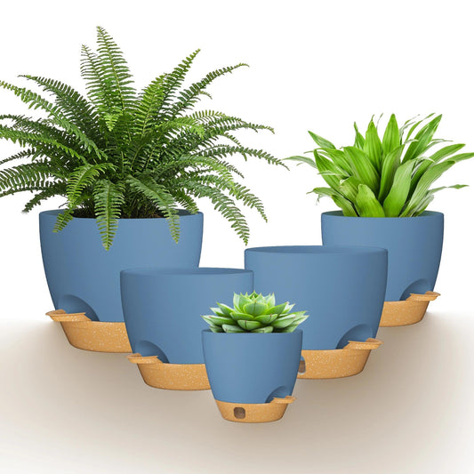 FIASON 12/10/9/8/6 Inch Self Watering Pots for Indoor Outdoor Plants, Set of 5 Large Plastic Planters with Visual Water Window, Drainage Holes & Watering Lip, Modern Decorative Flower Pots (Blue)
