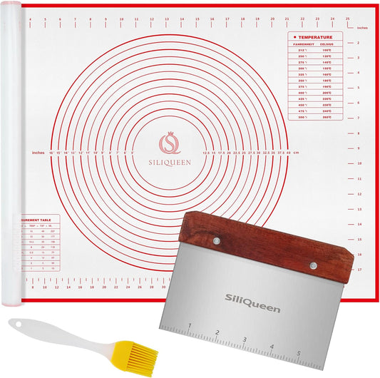 Skiennix Silicone Pastry Baking Mat - Heat Resistant, Non-Stick & BPA Free | 27.5” x 20” Red with Brush & Scraper