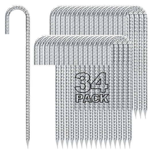 Homwin 12 inches Tent Stakes Heavy Duty 34-Pack, 5/16" Diameter J Hook Fence Stakes Rebar Ground Stake for Inflatables, Tarp, Yard Lawn Outdoor Decoration