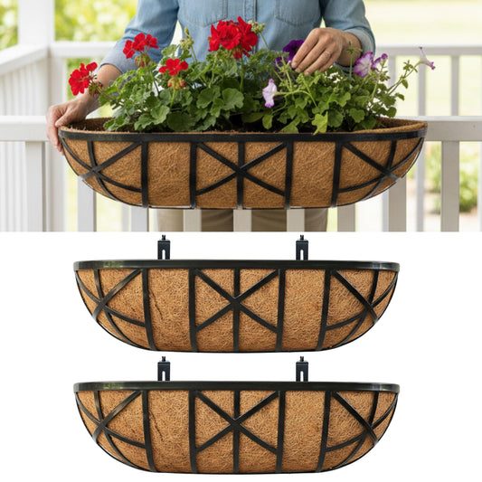 LaLaGreen 24 Inch, 2 Pack Railing Planters with Adjustable Mounting Brackets – Black Metal Window Planter Boxes for Outdoor Gardening, Wall-Mount Flower Pots, Balcony Fence Patio, Porch, Garden