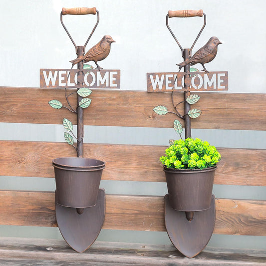 SMQLJXC 2Pcs Metal Wall Planter,Vintage Wall Hanging Planter with Welcome Sign, Rustic Farmhouse Wall Decor with Bird, Garden Wall Plant Holder for Porch Patio Entryway
