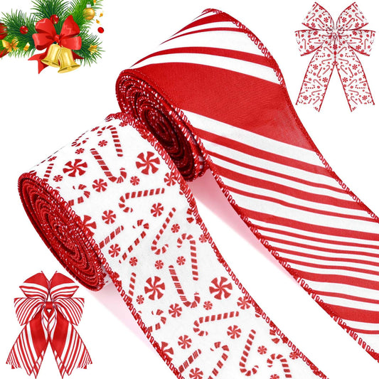 2 Rolls 12 Yards Christmas Candy Cane Wired Edge Ribbons Red White Stripes Burlap Fabric Craft Ribbons for Xmax Craft Wreath Bow Making Gift Wrapping Christmas Tree Decoration Supplies, 2.5 Inch