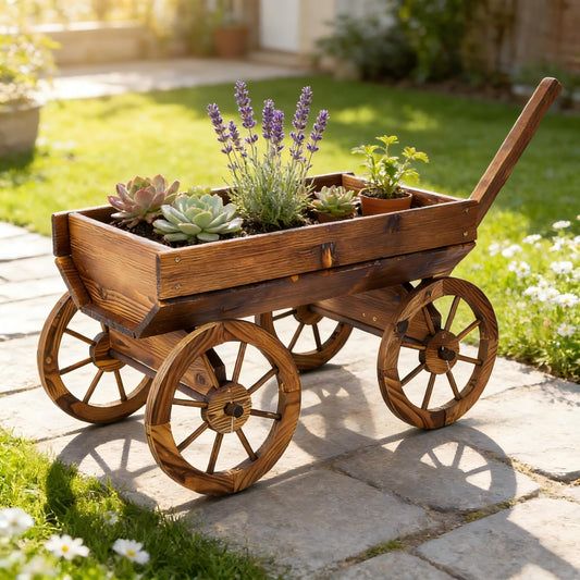 Homonova Wooden Wagon Flower Planter Pot Stand, Wagon Planter with Wheels for Outdoor Garden Decor, Wooden Cart Display, Rustic Farm Style Premium (41.4×16×24 in)