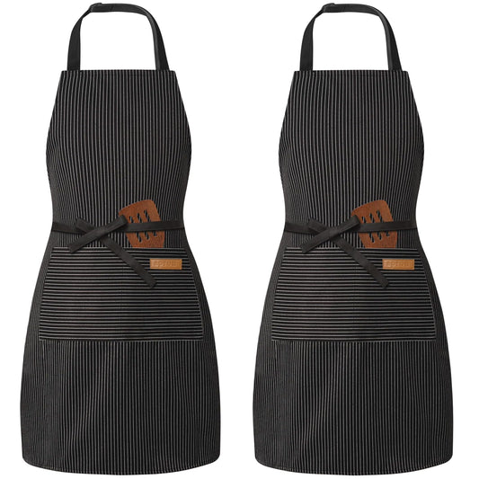 BeLuyi 2 Pack Adjustable Bib Apron with 2 Pockets Chef Cooking Kitchen Restaurant Aprons for Women Men (Black Pinstripe)