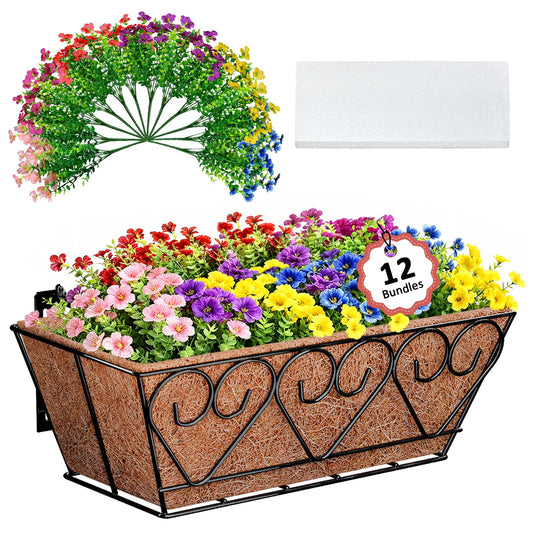 Halatool Railing Planter Box with Artificial Flowers, Metal Window Box with Coconut Liners & 12 PCS UV-Resistant Colorful Faux Flowers for Porch Patio Balcony Windowsill All Season Home Decor (16 in)