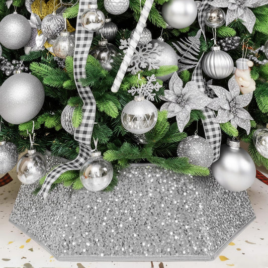 XmasExp Christmas Tree Collar 33.5 inch Sequin Tree Skirt for Christmas Holiday Home Decor Xmas Tree Ring Stand Base Cover Large Size 6 Piece Silvergrey
