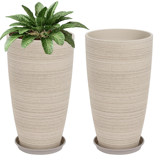 Neoaider Set of 2 Tall Planter, 21 inch Large Plastic Planter with Drain Hole & Saucers, Large Outdoor Planters for Porch, Garden, Patio, Balcony(Oat Color)