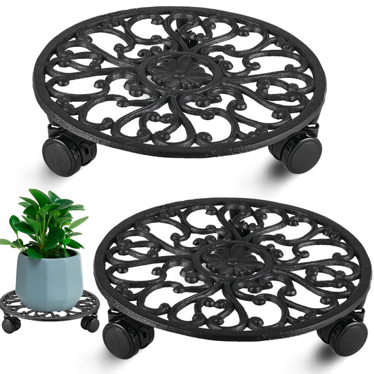 2 Packs 11 Inch Rolling Plant Stand with Wheels Wrought Iron Rolling Plant Stand with Casters Heavy Duty for Indoor Plants Rollers Potted Plant Mover, Metal Round Plant Dolly
