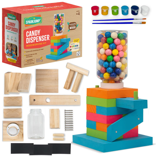 SparkJump Candy Dispenser Woodworking Kit – Complete STEM Building Kit for Kids with FSC-Certified Wood, Paints & Tools, DIY Gumball Machine Craft for Boys & Girls, Ages 6+