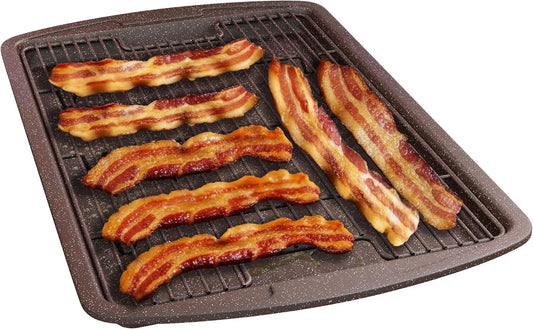 Regine Switzerland Nonstick Cookie Sheet Set - 2-Piece Brown Marble Carbon Steel Pan & Cooling Rack, Oven Safe Up to 450°F, Space-Saving Design