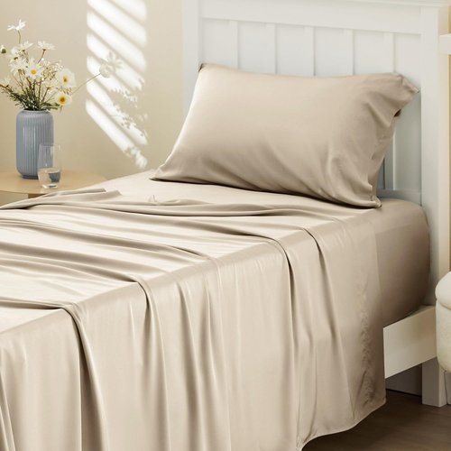 Bedsure Cooling Sheets - Twin Size, Breathable Rayon from Bamboo, Soft & Silky, Deep Pocket Up to 16 Inches, Beige