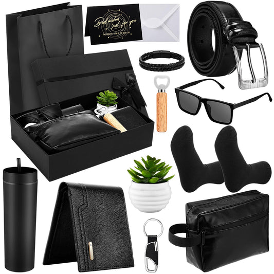 Skylety 13 Pcs Birthday Gifts Baskets for Men Father Gift for Men Birthday Gift Box 16 oz Tumblers Wallet Toiletry Bag Sock Bottle Opener Belt Bracelet Glasses Keychain for Father's Day Dad Husband