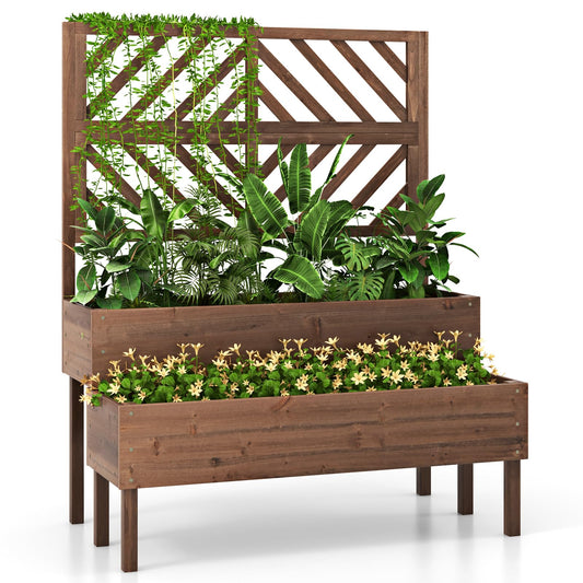 Toolsempire Raised Garden Bed with Trellis & 2 Planter Boxes, 2-Tier Outdoor Wooden Elevated Planter Box with Legs & Drainage Holes, Gardening Planters for Flowers, Herbs, Vegetables & Fruits(Brown)