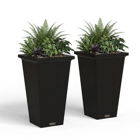 Mayne Renew 24 Inch Planter, Weather Resistant Outdoor Tall Planter with Smart Drainage Planting Insert and Drip Tray, Tapered Modern Flower Planter for Patio Garden or Entryway Decor, 2-Pack