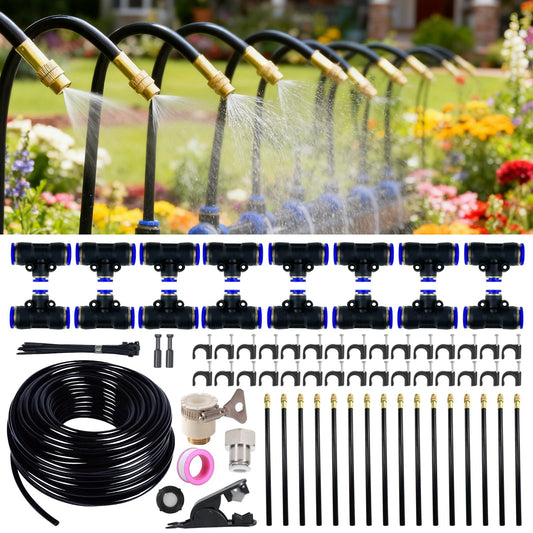 360° Adjustable Drip Irrigation System - 50FT 15/32inch Hose, High Water Flow，No Drying Out，Garden Watering Atomizing System with 16 Copper Nozzles，Suitable for Gardens, patios, Plants, Farms